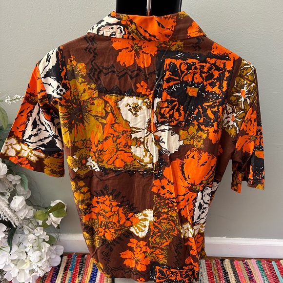 80s Hawaiian Tropical Button Up Aloha Shirt Flower Tribal Vintage Orange Large - Picture 5 of 7